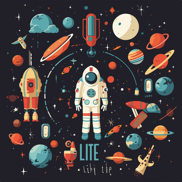 Illustration of 'Life in the Space' Lettering with Icon Set for Post, Space Symbols Usage