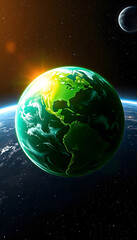 Naklejka premium Green Earth from space with sunrise and starry sky. Environmental concept