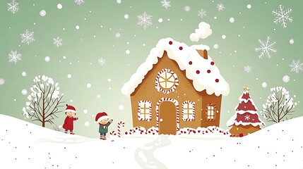 Children Playing Near A Gingerbread House In Winter