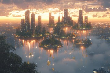 Fototapeta premium Floating islands of a fantasy landscape a stunning cityscape above water at sunset
