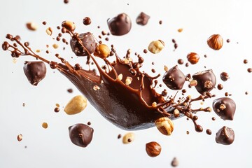 Fototapeta premium Chocolate splashes with nuts create a dynamic foodie display in a studio setting