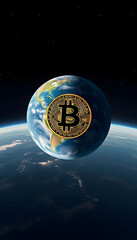 Background bitcoin symbol on the planet earth with an empty space, magazine photoshoot, with white tones