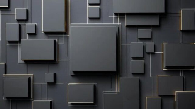 Modern abstract design featuring layered black shapes on a dark background with geometric lines