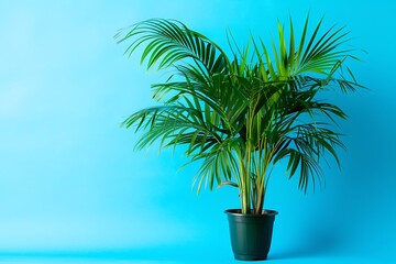 Obraz premium Palm tree in a pot on a blue background in indoors