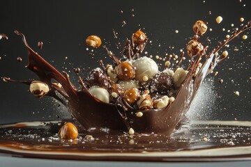 Naklejka premium Chocolate splashing with assorted nuts creating an artistic dessert display