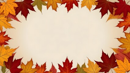 Fototapeta premium Autumn background with colourful frame of maple leaves, orange, yellow ,red.Beautiful fall leaves decorative border with copy space for text,Generative Ai