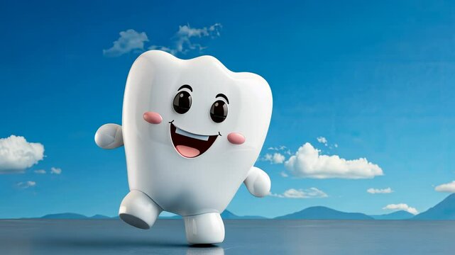 3d cartoon white tooth with eyes and mouth dancing on blue background, dentistry