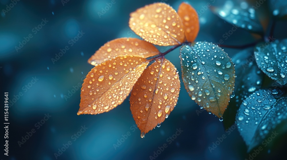 Poster a detailed view of a leaf covered in small water droplets, great for use as a background or to add t