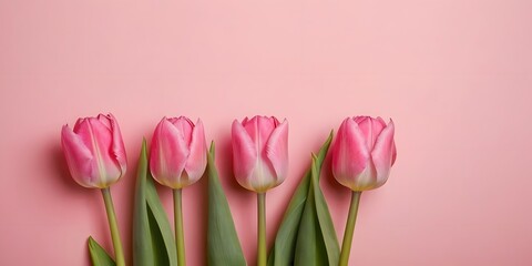 Fototapeta premium Spring flower composition featuring a bouquet of pink tulips on a pastel pink background. copy space for text