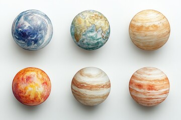 Group of six planets in various sizes on a white background, ideal for astronomy or space-related illustrations