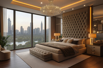 Fototapeta premium Modern bedroom interior in a skyscraper, color scheme Mocha Mousse, for business, for banners. The trending color is 2025.