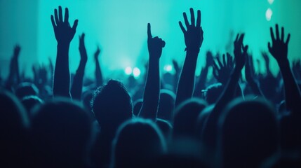 Excited Crowd with Raised Hands at a Live Music Concert Event