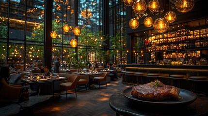 Fototapeta premium Luxurious restaurant interior with steak.