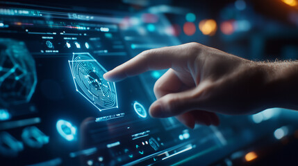 Fototapeta premium Close-up of a hand navigating a virtual AI-powered system, emphasizing advanced technology and intelligent network connectivity virtual interface, AI-powered system, advanced techn