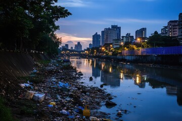 Industrial Riverbank with Debris at Dusk