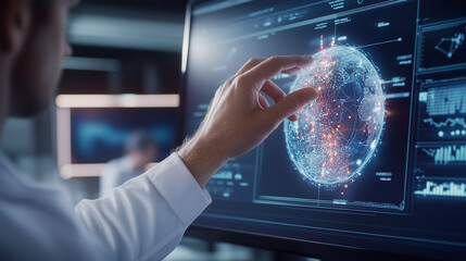 Hands interacting with a virtual globe and digital interface, symbolizing advanced data analytics and global connectivity in technology virtual globe, digital interface, data analy