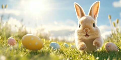 In a sunlit meadow filled with vibrant, colorful Easter eggs, a playful bunny hops around joyously, embodying the true spirit of the cheerful Easter celebration in a delightful and festive atmosphere