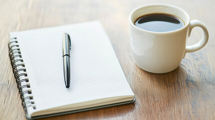 An aesthetic desk setup featuring a coffee cup, notebook, and pen, ideal for productivity and mindful planning in a serene environment desk, coffee, notebook, planning, productivit