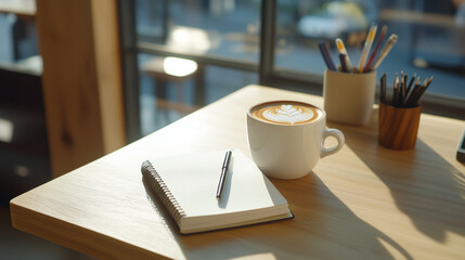 An aesthetic desk setup featuring a coffee cup, notebook, and pen, ideal for productivity and mindful planning in a serene environment desk, coffee, notebook, planning, productivit