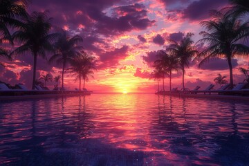 Luxurious infinity pool at sunset tropical paradise high fidelity visual serene environment scenic viewpoint dreamy concept
