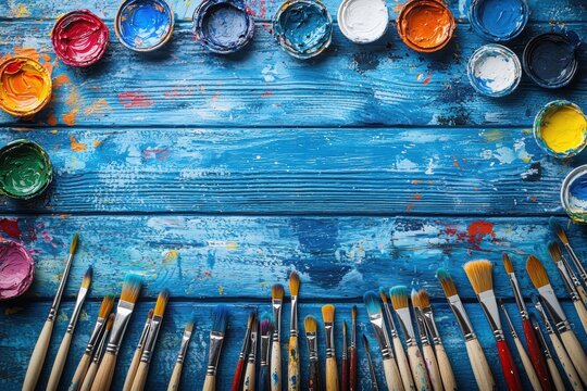 Artistic tools and paints on rustic blue wooden background top view creative workspace colorful palette art concept