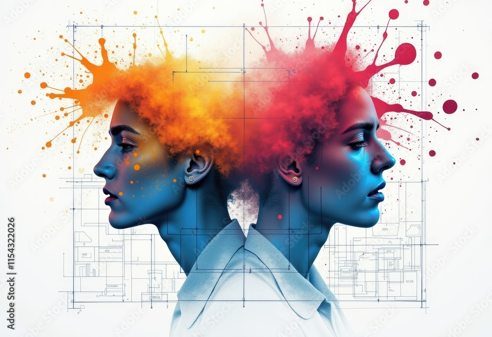 Poster the intersection of creativity and innovation blueprint and paint splash