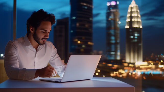A professional working on a laptop and smartphone with a cityscape in the background, symbolizing global connectivity and urban innovation cityscape, laptop, smartphone, profession