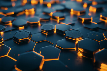 Obraz premium Abstract 3d Rendering of Futuristic Surface with Hexagons and Bokeh Background for Sci-fi Poster Design