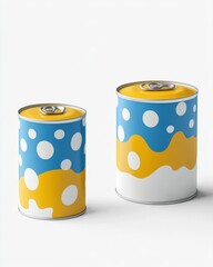 Two colorful beverage cans with playful designs featuring blue and yellow patterns, creating a vibrant visual appeal.