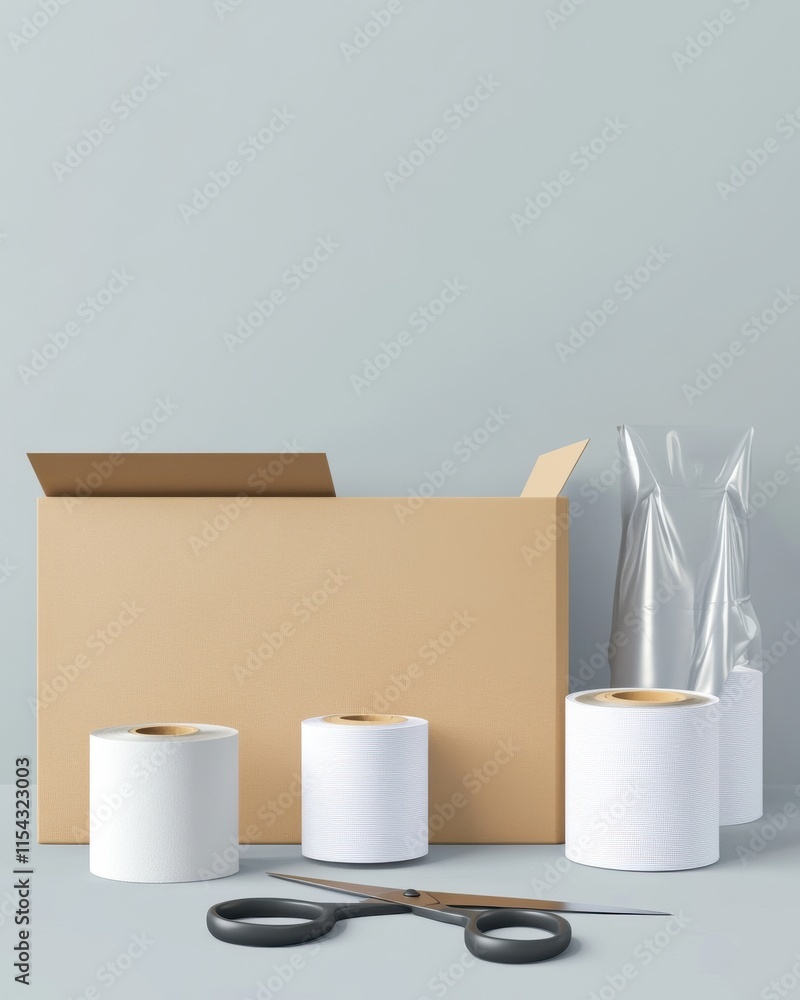 Poster a minimalist workspace featuring cardboard box, rolls of tape, and scissors, creating a neat packing