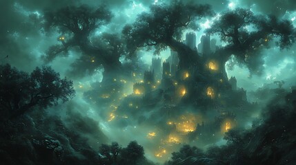 Obraz premium Enchanting fantasy village nestled within giant trees at night, illuminated by warm lights, shrouded in mist.