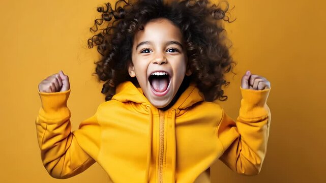 surprised excited curly african american child with emotional face on yellow background, happy kid rejoices, shocked boy
