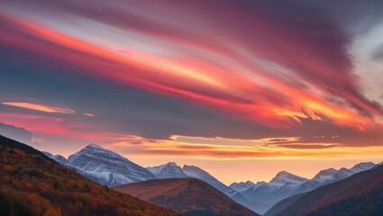 Autumn Sunrise with a Cloudy Sky Over Majestic Mountains, Casting a Warm Glow Over the Fall Landscape and Highlighting the Beauty of the Season’s First Light