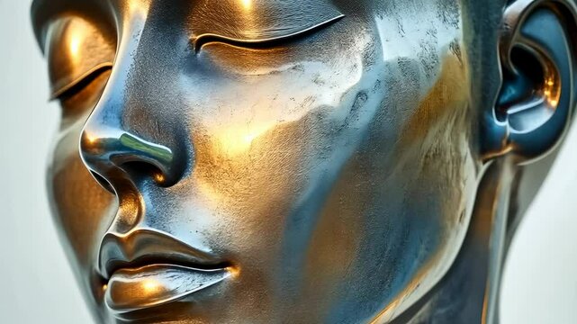 This mesmerizing bronze sculpture of a serene face highlights intricate details, showcasing an ethereal beauty. The golden hues create a tranquil mood, emphasizing the artistry in modern sculpture.