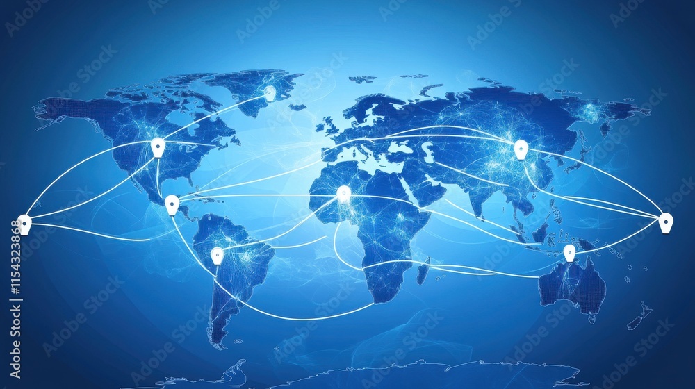 Poster a digital world map with glowing connections, symbolizing global communication and networking.