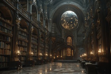 Fototapeta premium Enchanting library scene with towering bookshelves mystical atmosphere high fidelity cozy ambience artistic perspective