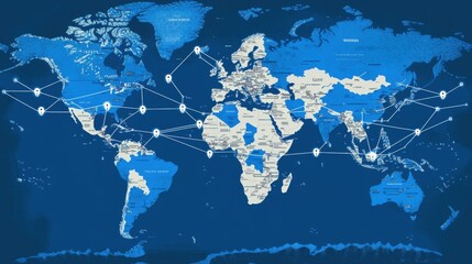 A detailed world map in blue tones showcasing global connections and networks.