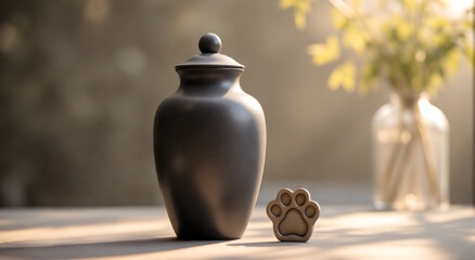 Black urn with a paw print sculpture, placed on a table with soft natural light, concept of pet memorial and remembrance