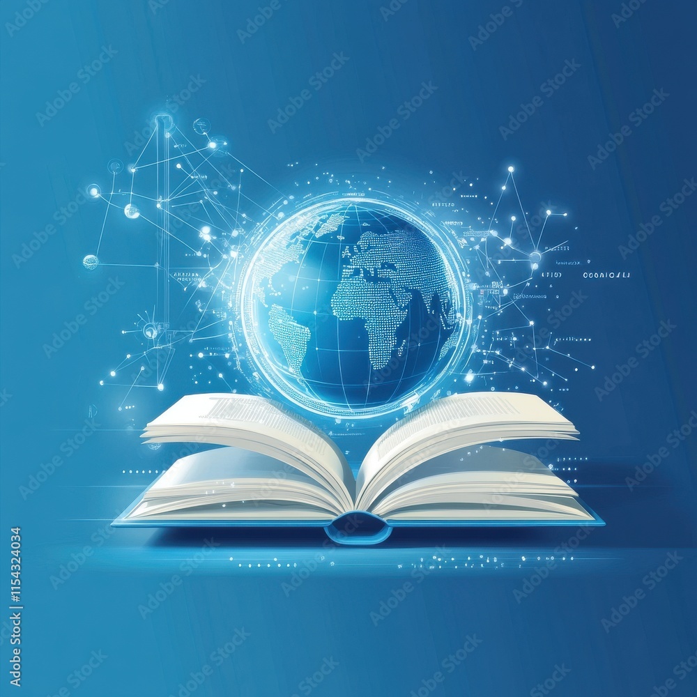 Poster An open book with a glowing globe above it, symbolizing knowledge and global connectivity.
