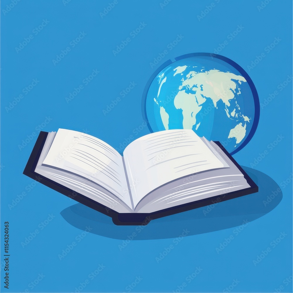 Aufkleber an open book positioned next to a globe, symbolizing exploration and knowledge.