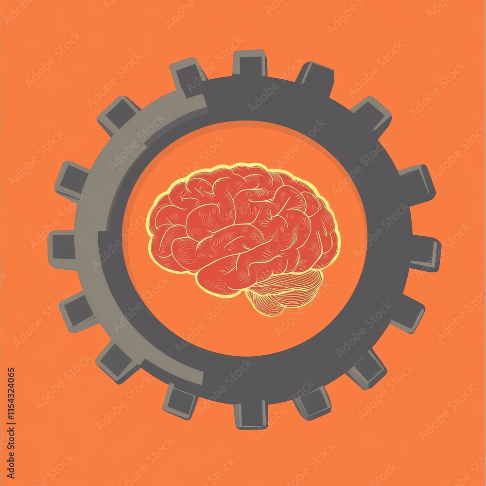 Poster an intricate illustration of a brain set within a gear, symbolizing the fusion of intellect and inno