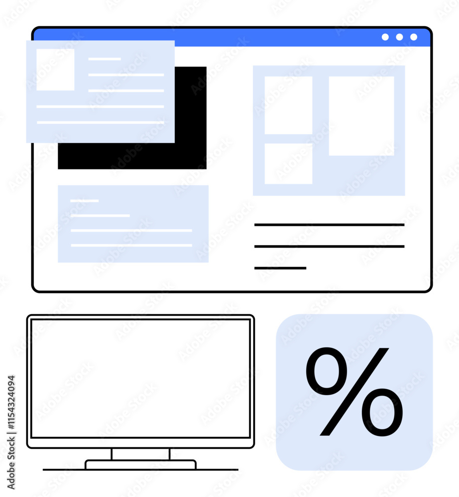 Poster webpage layout with content boxes, blank computer screen icon, and large percentage symbol. ideal fo