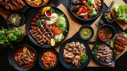 Fototapeta premium Delicious Asian Cuisine Overhead Photo. AI Generated