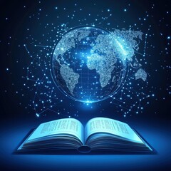 Obraz premium An open book with a glowing world map above, symbolizing knowledge and global connectivity.
