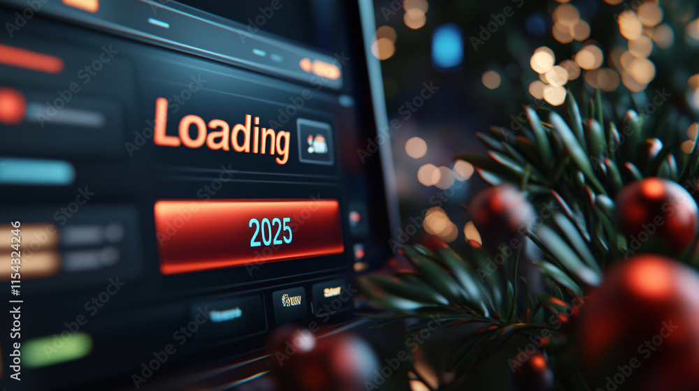 Poster loading... 2025! a futuristic holiday countdown display with a festive touch of red and green. prepa