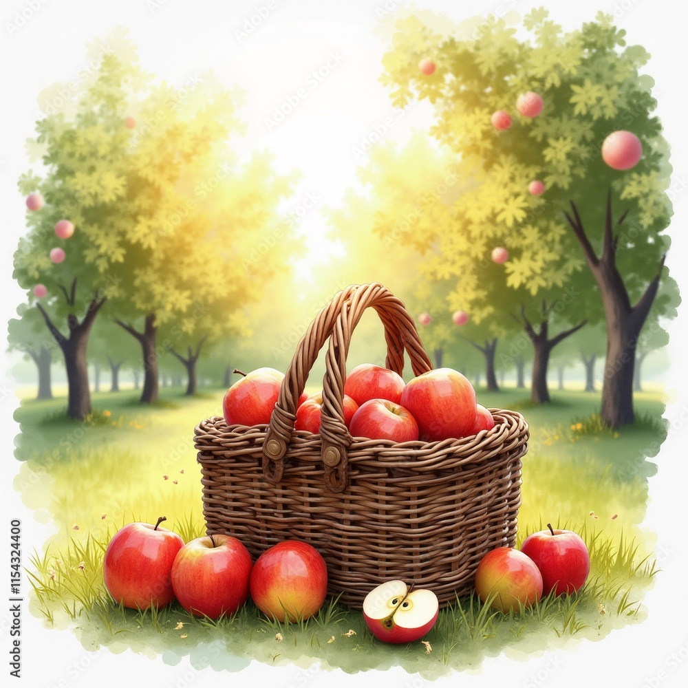 Poster the image is a digital illustration of an apple orchard scene. in the center of the image, there is 