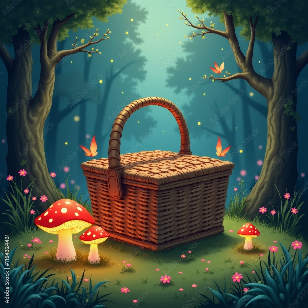 Poster the image is a digital illustration of a basket in the middle of a forest. the basket is made of wic