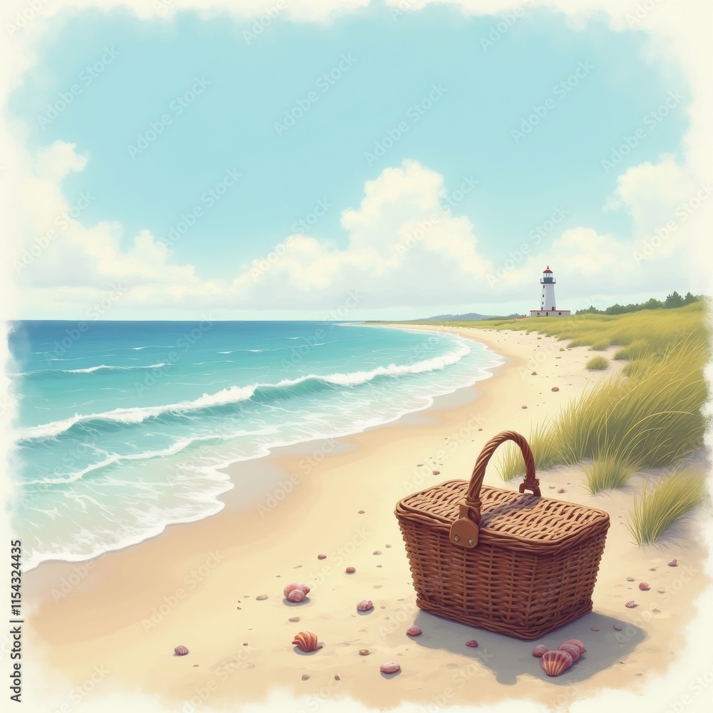 Poster the image is a digital illustration of a beach scene. the background is a light blue sky with white 