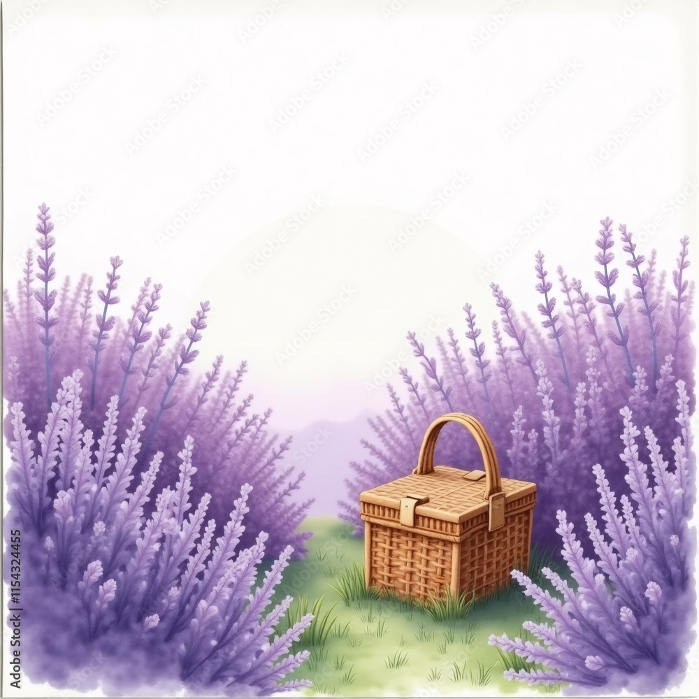 Poster the image is a digital illustration of a basket in the middle of a field of lavender flowers. the ba