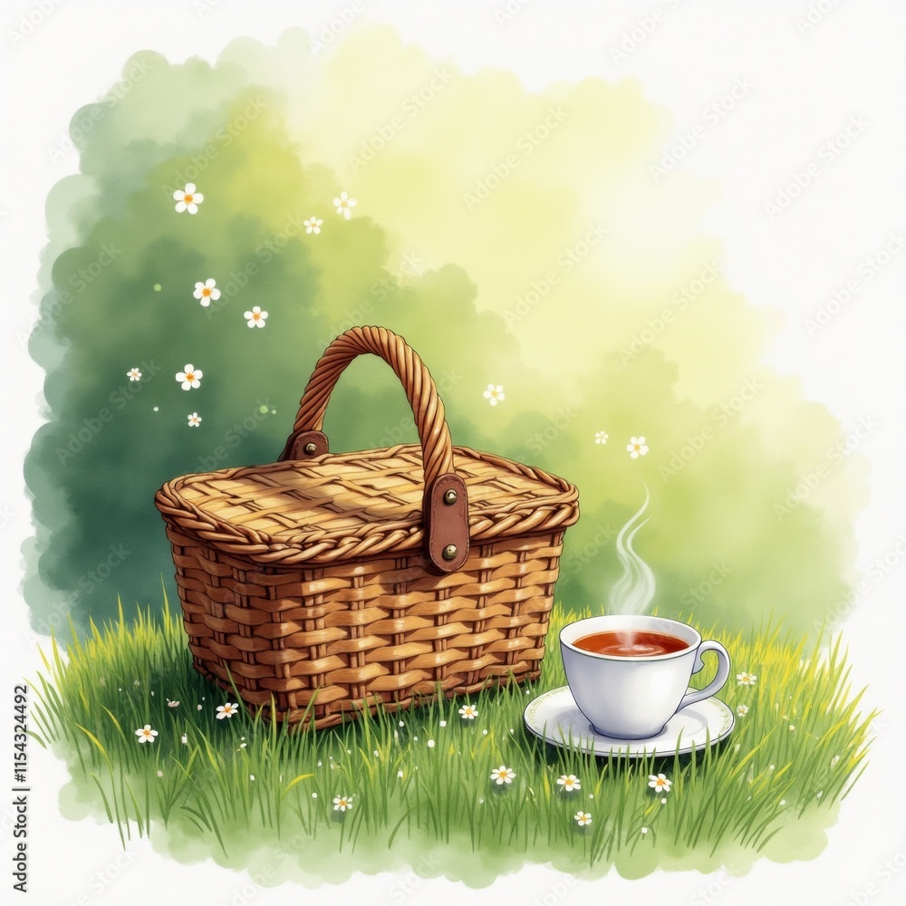 Poster The image is a digital illustration of a picnic basket and a cup of tea on a grassy field. The basket is made of wicker and has a handle and a latch on the front.